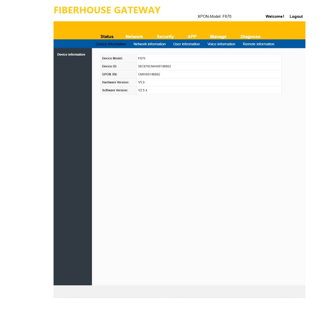 FiberHouse Gateway UI showing XPON-Model F670