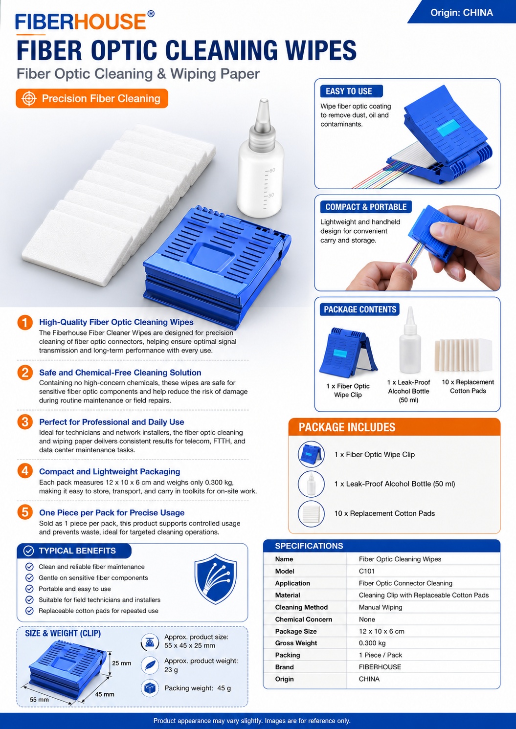 Fiber Optic Cleaning Wipes & Cleaning Clip