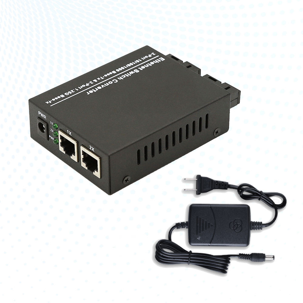 101001000M Gigabit Ethernet Media Converter  SFP to 2 RJ45 Ports, EU 5V2A Power Adapter